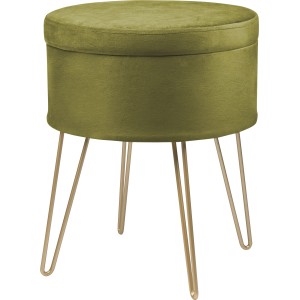 Grüner Sitzhocker Safari Lodge mit goldenen Beinen, 45 cm hoch, Ø 36 cm. Gepolsterter Hocker mit Stauraum.