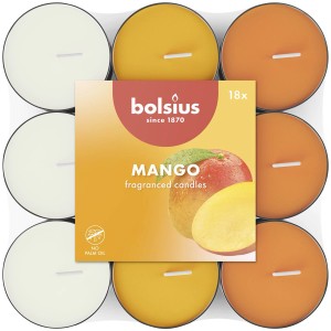 Bolsius Duftteelichter Mango, 18 Stück in Weiß, Gelb und Orange. Teelichter mit tropischem Mango-Duft.