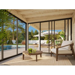 Palmako Pavillon Lenna Set 405, 588x300 cm, weiß lackiert, mit Schiebetüren und Blick in den Garten.