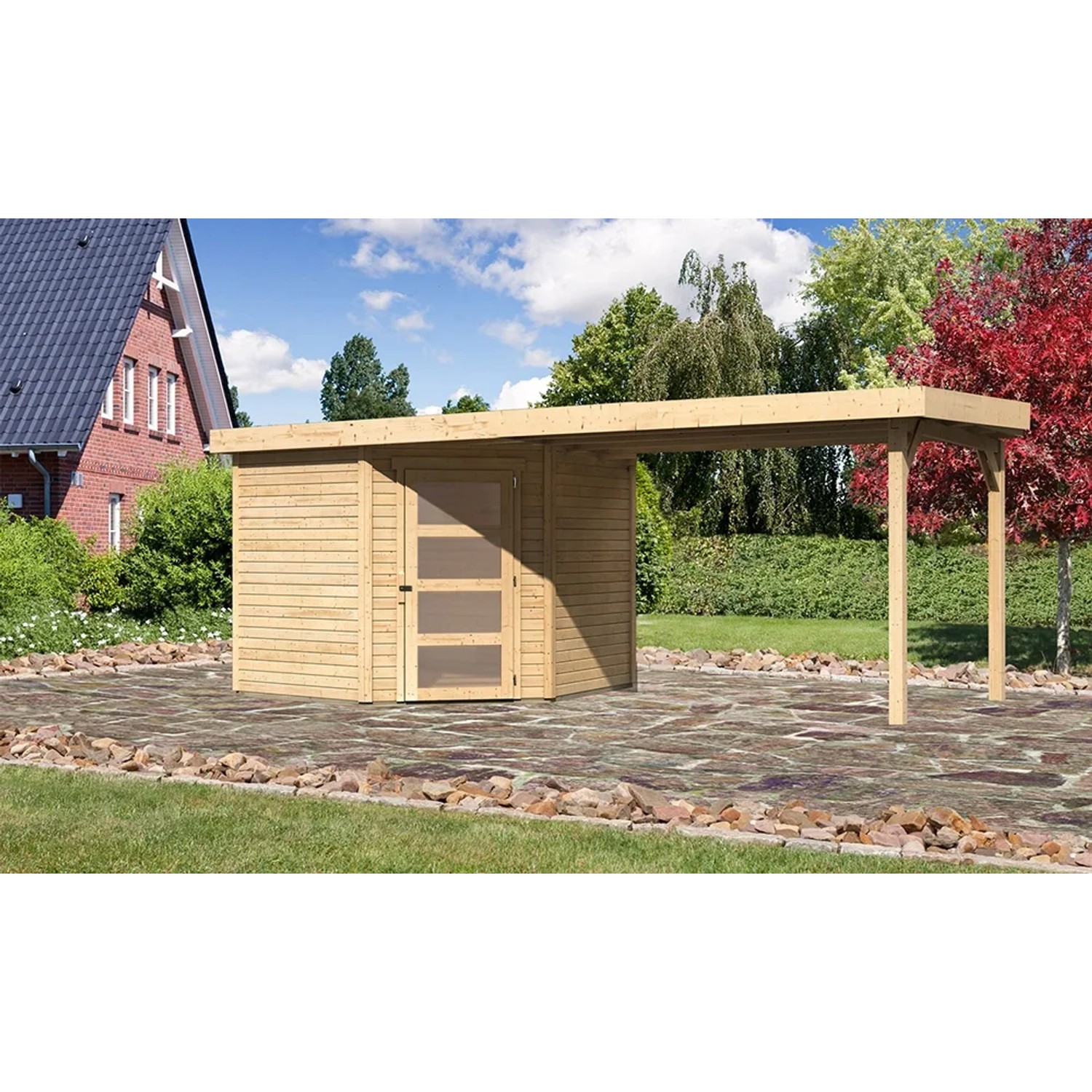 Karibu Holz-Gartenhaus Linköbing mit Pultdach und Anbau, unbehandelt.