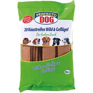Perfecto Dog Kaustreifen Wild & Geflügel, 20 Stück im grünen Beutel.
