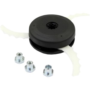 Makita 3-Zahn Messerkopf aus Kunststoff für Rasentrimmer & Sensen, mit drei Befestigungsmuttern.