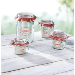 Leifheit Einmachgläser, 135ml, mit Drahtbügelverschluss und rotem Stoff, zum Ernten und Lagern.