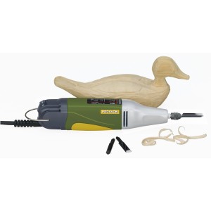 Proxxon Motorschnitzgerät MSG mit Holzschnitzerei und Messereinsätzen.