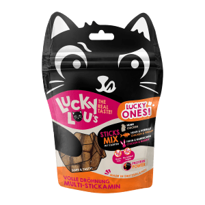 Lucky Lou Katzen-Trockenfutter Sticks Mixpack, Leckerli für Katzen mit Huhn, Forelle und Kaninchen.