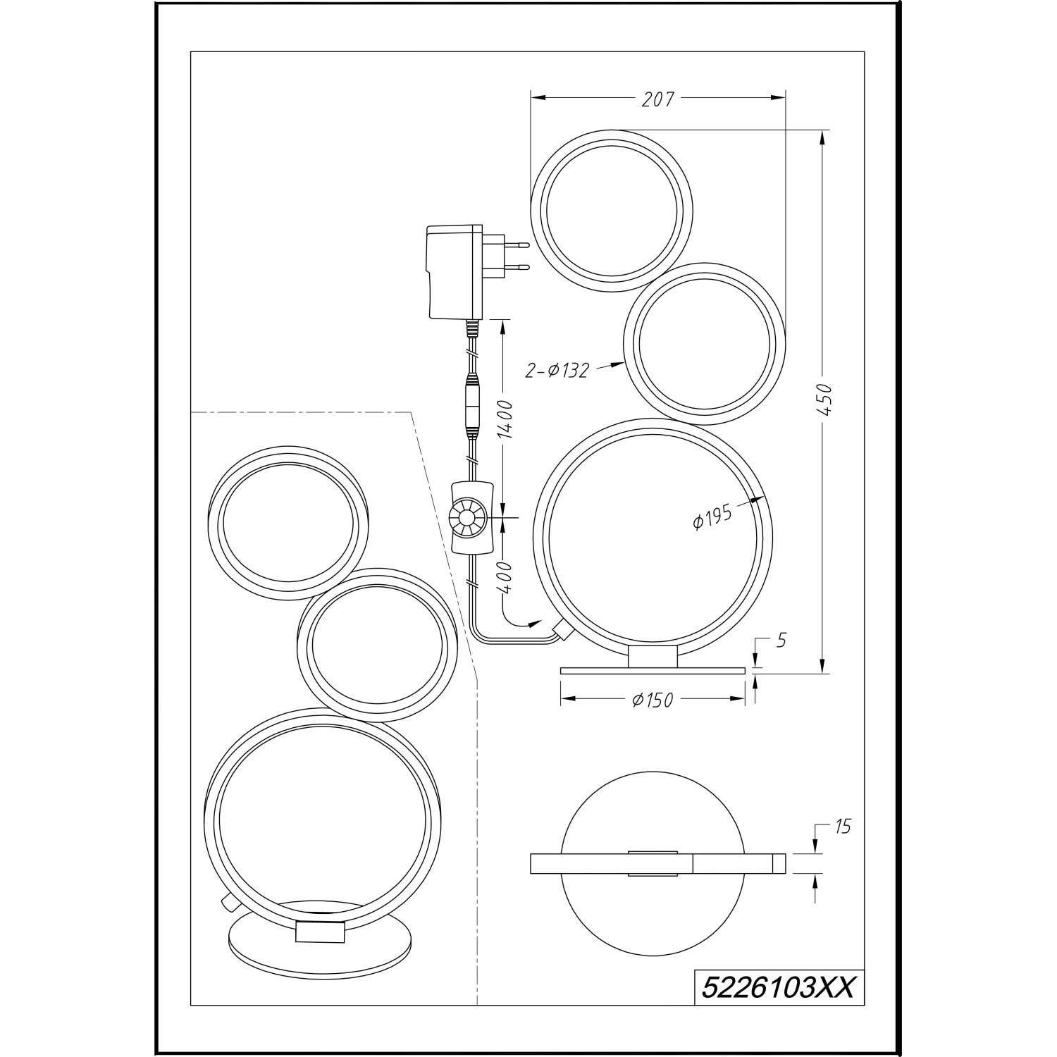 Technische Zeichnung der Trio LED-Tischlampe Rondo, schwarz matt, mit Maßen.