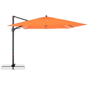 Quadratischer, orangefarbener Doppler Ampelschirm mit Dreh- und Neigungsfunktion.