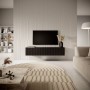 Schwarzes Selsey TV-Hängeboard Veldio 140 cm mit geriffelter Front unter TV im modernen Wohnzimmer.
