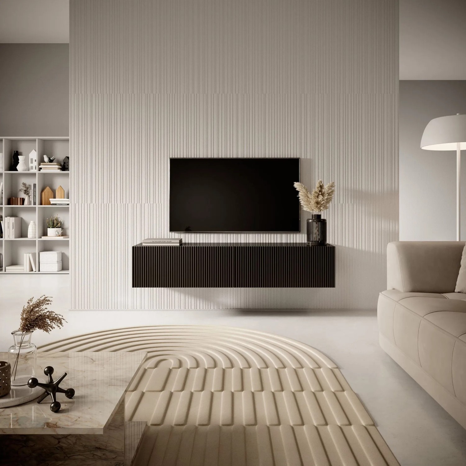 Schwarzes Selsey TV-Hängeboard Veldio 140 cm mit geriffelter Front unter TV im modernen Wohnzimmer.