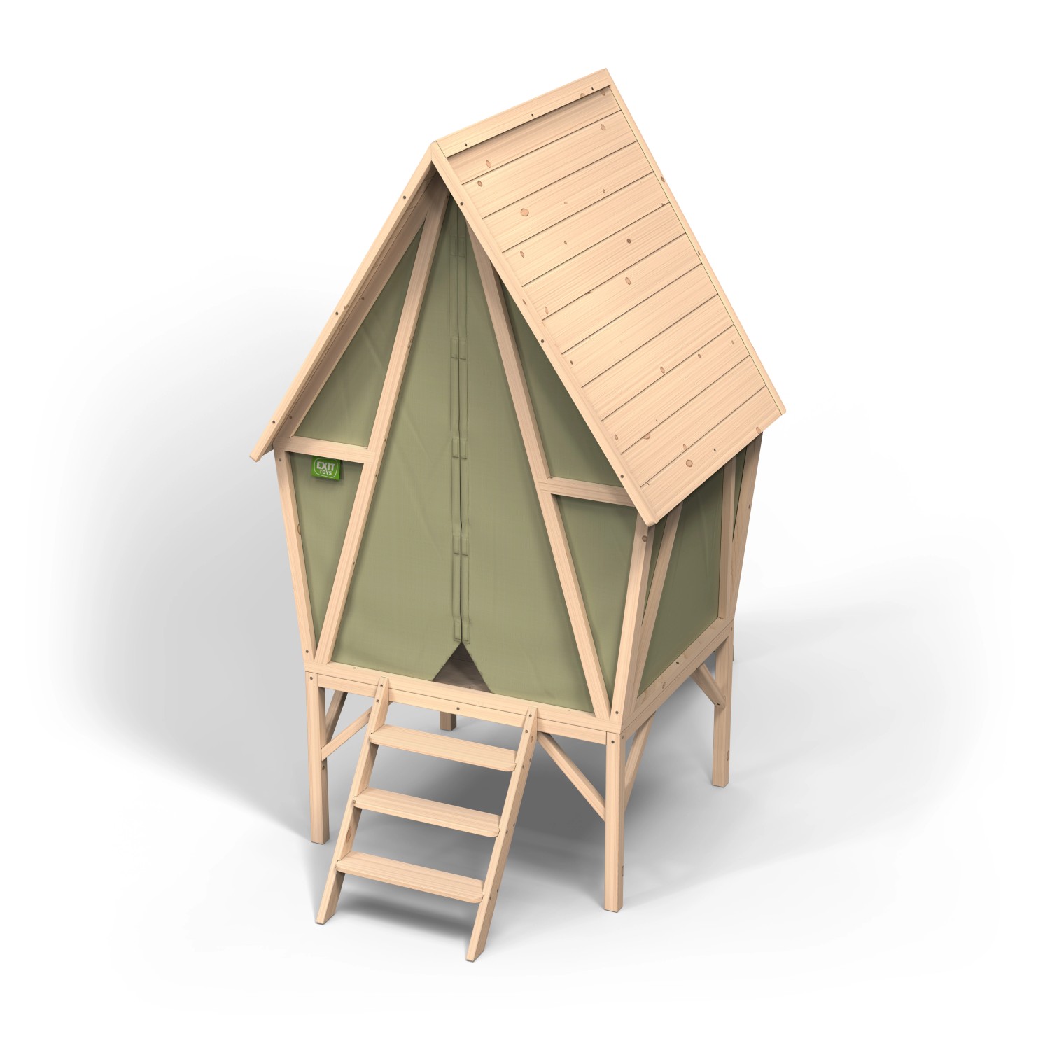 Exit Spielhaus Yuki 300 mit Rutsche: Stelzenhaus mit Holzrahmen und grüner Plane, Leiter und Rutsche.