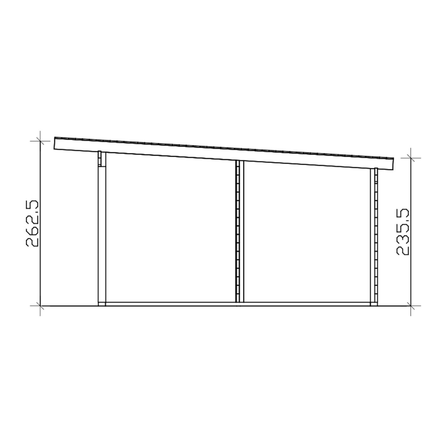 Skan Holz Gartenhaus Arnheim, Seitenansicht mit Maßangaben. Holz-Gartenhaus in Schiefergrau.