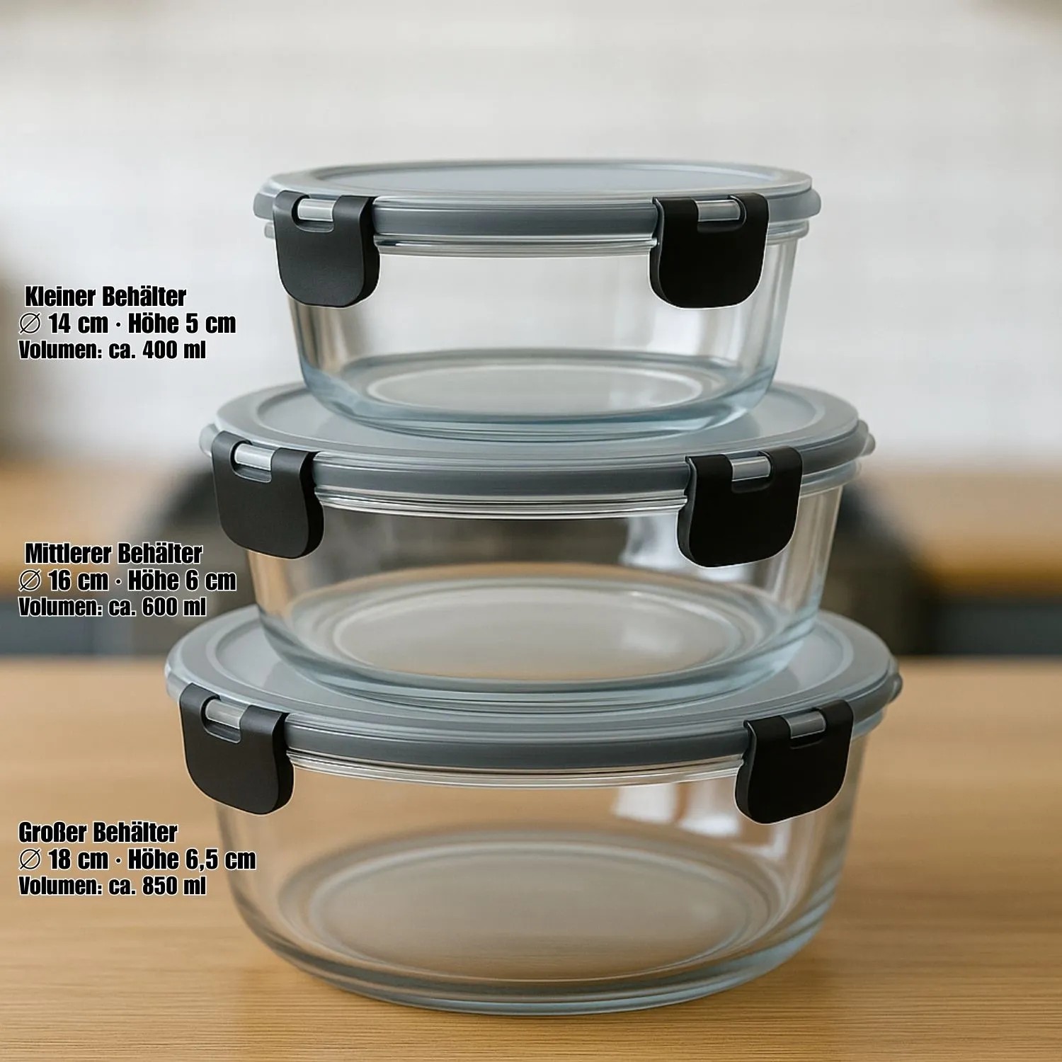 BigDean Glasbehälter mit Deckel in 3 Größen Mikrowellengeschirr Glas Meal Prep Container aus Glas Runde Glasbehälter Mikrowellengeschirr Glas_3