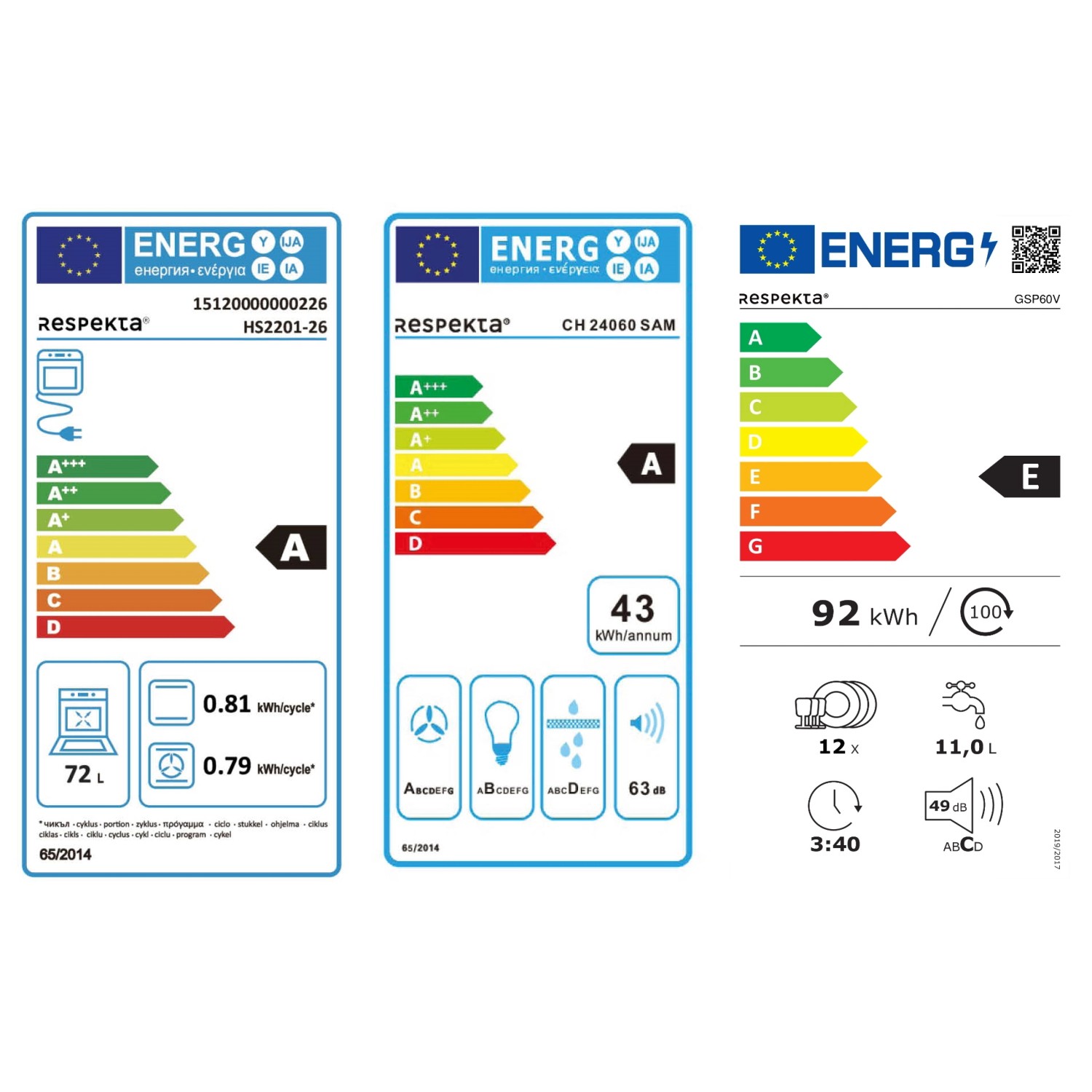 Energieeffizienzlabel für Respekta Küchengeräte: Herd A, Dunstabzugshaube A, Geschirrspüler E.