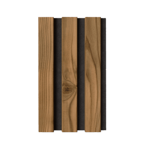 Musterpaneel Denpanels Nordic Outdoor Design, Thermoholz mit schwarzem Filz für Akustik.