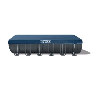Intex Frame Pool Ultra Quadra XTR, 732x366x132 cm, mit Stahlrahmen und dunkelgrauer Poolfolie.