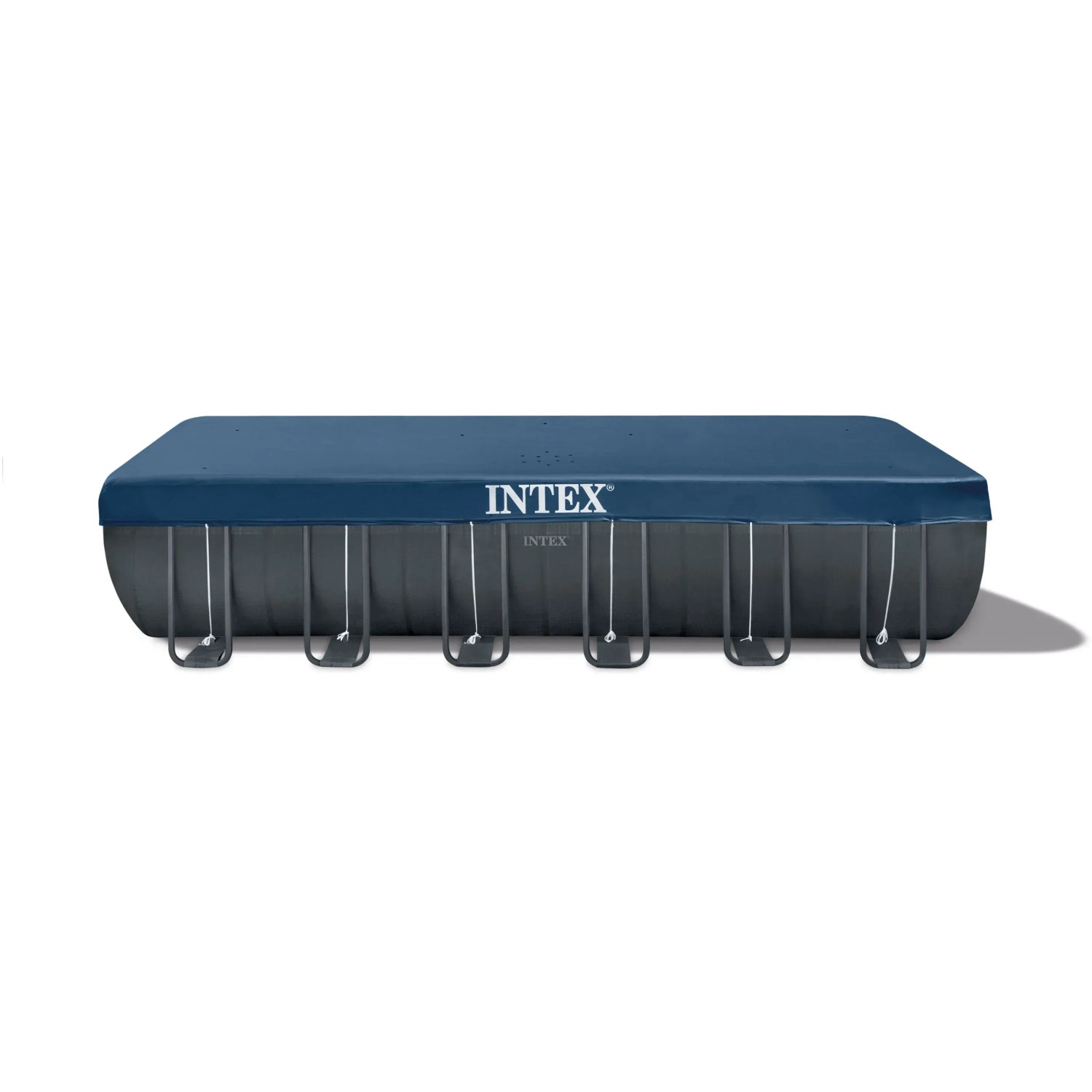 Intex Frame Pool Ultra Quadra XTR, 732x366x132 cm, mit Stahlrahmen und dunkelgrauer Poolfolie.