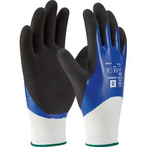 Blau-schwarze Gartenhandschuhe mit Nitril-Vollbeschichtung, Größe 8, für Gartenarbeiten.