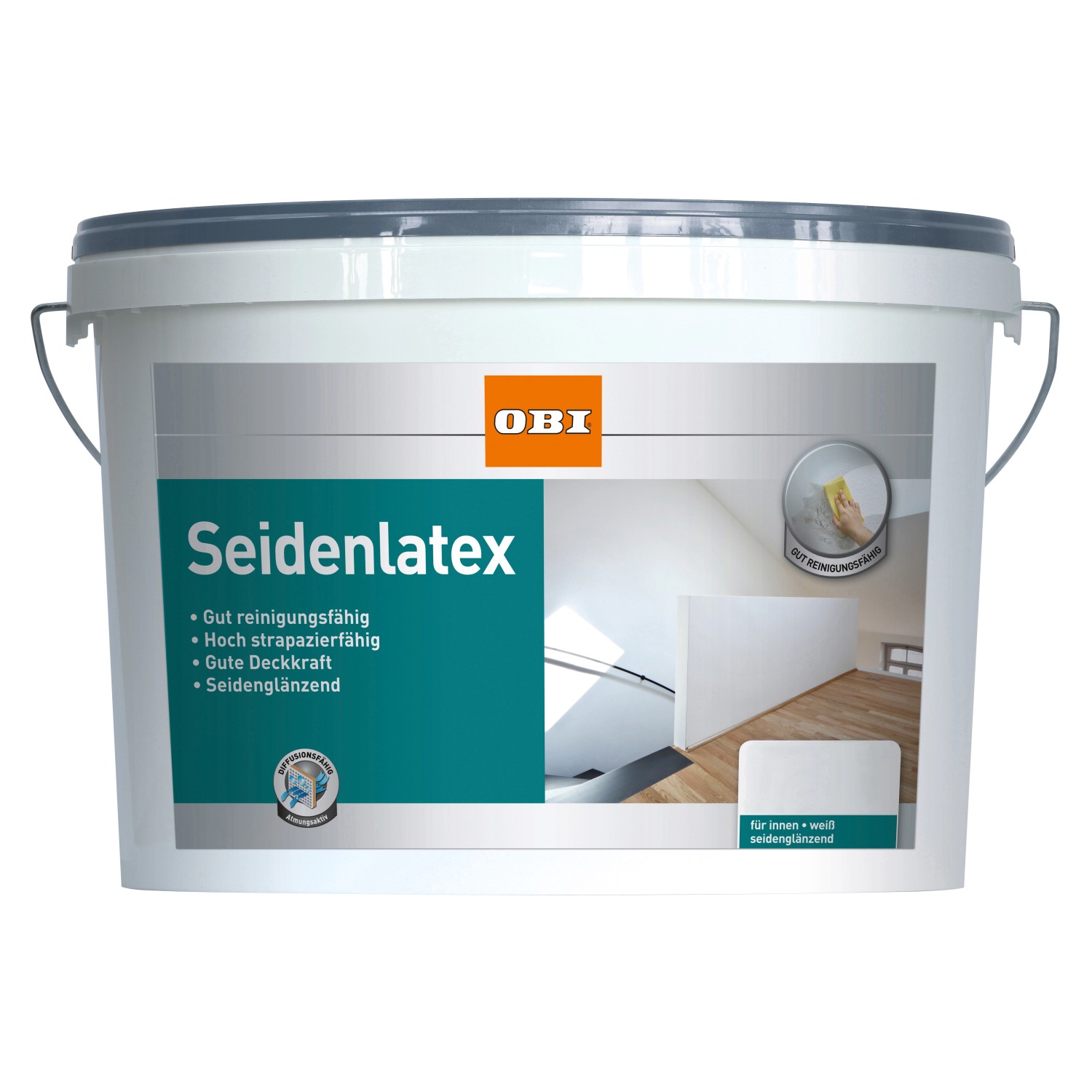 Eimer OBI Seidenlatex Weiß, seidenglänzend, 2,5 l. Latexfarbe für strapazierte Wände.