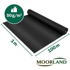 Schwarzes Moorland Gardur Unkrautvlies, 100x10000cm, aufgerollt und ausgerollt dargestellt.