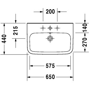Technische Zeichnung Duravit DuraStyle Waschbecken, 65 cm, weiß, mit Hahnloch und Überlauf.