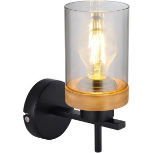 Moderne Globo Wandlampe Finca mit Rauchglas und schwarzem Metallsockel.