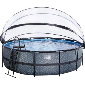 EXIT Stone Pool, grau, ø 488 cm, mit Abdeckung, Leiter und Wärmepumpe.