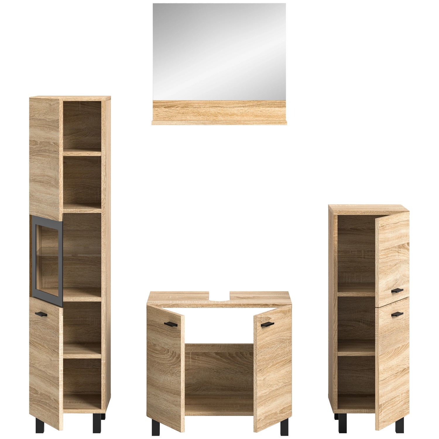 Badkombination Sonoma Eiche mit Spiegel und schwarzen Rahmen. Badmöbel Set mit viel Stauraum.