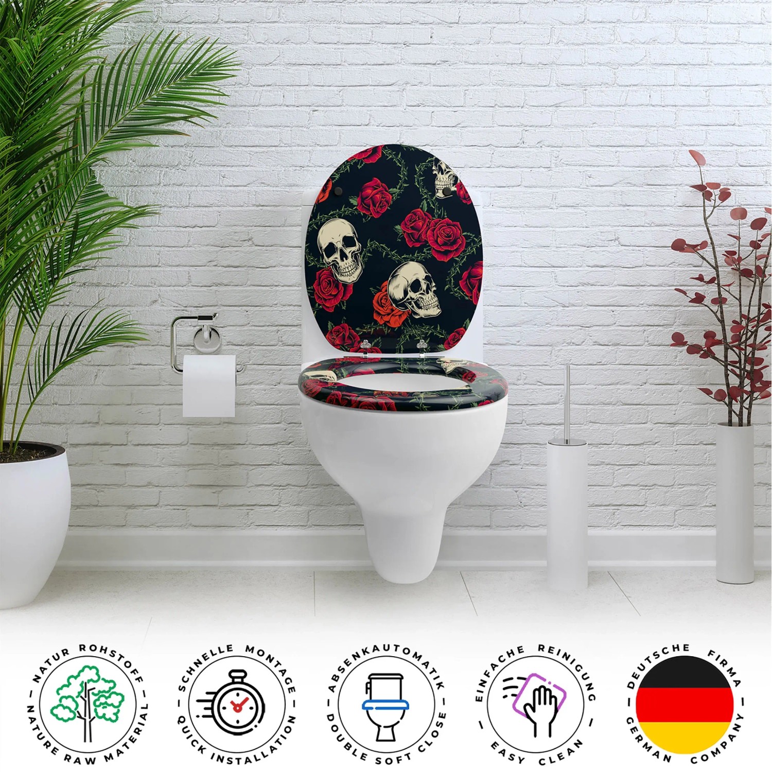 Sanfino WC-Sitz Rose Skull auf Toilette. Schwarzer Toilettendeckel mit Rosen und Totenköpfen.