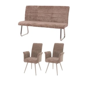 3-teiliges Esszimmer-Set: 2 Stühle mit Armlehnen und 1 Sitzbank, Chenille-Stoff in Braun.