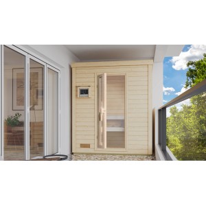 Karibu Saunahaus Arvi 0 aus Fichte mit Ofen und Glastür auf Balkon.