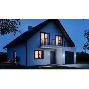 Moderne Steinel LED-Außenwandleuchte L 240 S aus Edelstahl mit Bewegungsmelder am Haus.