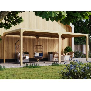 Karibu Pavillon Set Fyrkant, naturbelassen, mit Verlängerung im Garten.