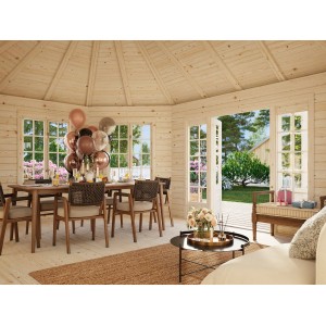 Innenansicht Palmako Holz-Pavillon Hanna mit Tisch, Stühlen und Dekoration.