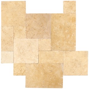 Bodenplatten-Set Travertin Ivory Classic, römischer Verbund, gesägt und getrommelt.