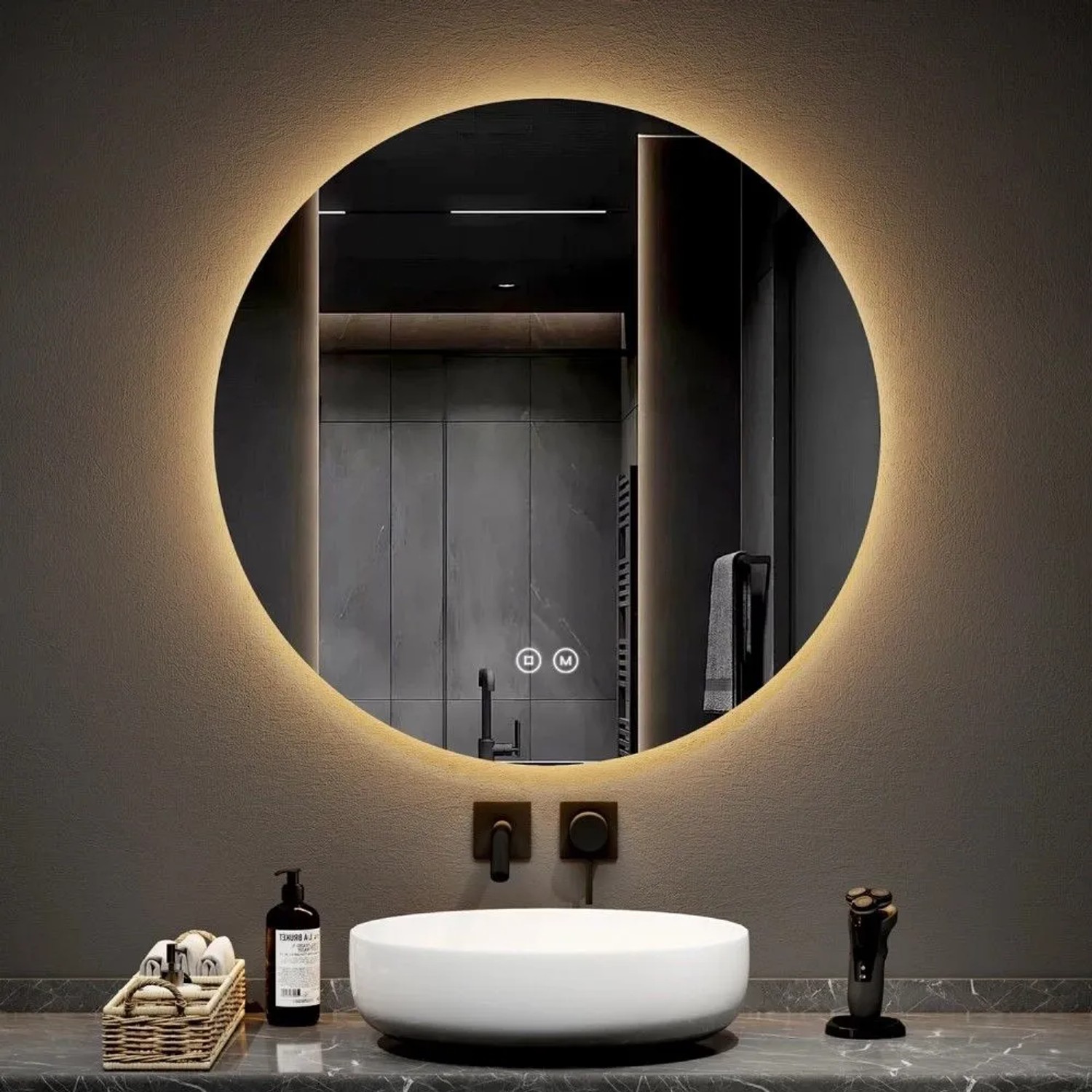 Runder, rahmenloser Emke LED Badezimmerspiegel 80cm mit Touchschalter und dimmbaren Lichtfarben in modernem Bad.