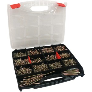 Schraubenkoffer mit 1700 Holzschrauben in verschiedenen Größen, sortiert im Kunststoffkoffer.