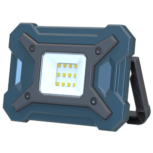 Kompakte REV Ritter LED Akku Arbeitsleuchte (10W) in Petrol-Grau mit klappbarem Ständer.