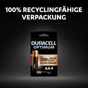 Duracell Optimum AA Batterien, 4er-Pack. Leistungsstarke Alkaline Batterien in recycelbarer Verpackung.
