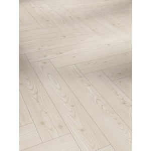 Parador Laminat Trendtime 3, Lärche Yukon Weiß, Fischgrätmuster. Laminatboden in heller Holzoptik.