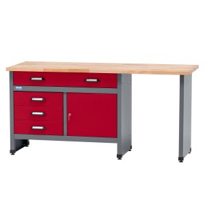 Küpper Werkbank mit Tür und Schubladen, 170 cm breit, dunkelrot. Werkbank für Werkstatt.