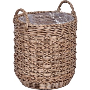 Runder Pflanzkorb aus Polyrattan in Natur-Braun mit zwei Griffen und Polybeutel, Ø 40 x 48 cm.