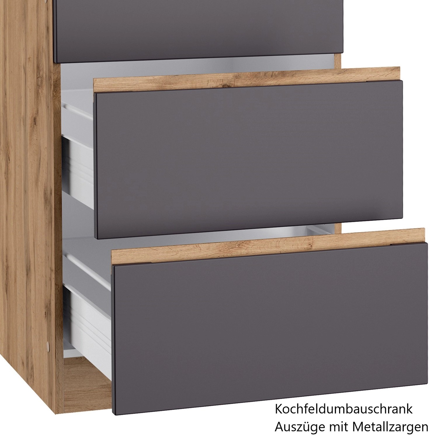 Held Möbel Winkelküche Turin: Unterschrank mit Graphitfront und Wotaneiche Dekor, Auszüge mit Metallzargen.