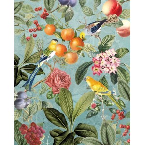 Komar Vliesfototapete Birds and Berries: Detailansicht mit Vögeln, Beeren, Blüten und Früchten auf blauem Hintergrund.