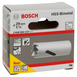Verpackung einer Bosch HSS-Bimetall Lochsäge, 29 mm Durchmesser, für Holz, Metall und Kunststoff.