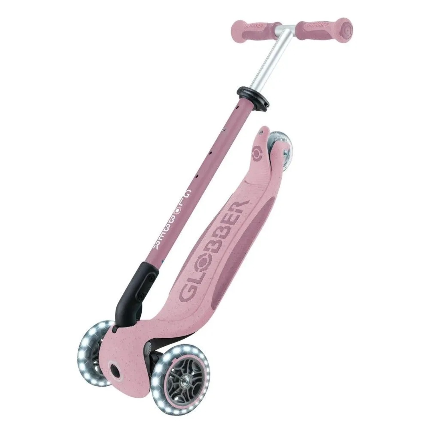 Globber Go-Up Deluxe Lights 3 in 1 Scooter in Beere. Dreirädriges Kinderfahrzeug mit leuchtenden LED-Rädern, höhenverstellbar.