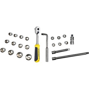 Stanley Steckschlüssel Set 23-tlg. mit Knarre, Verlängerungen und Nüssen für Werkstatt und Handwerk.