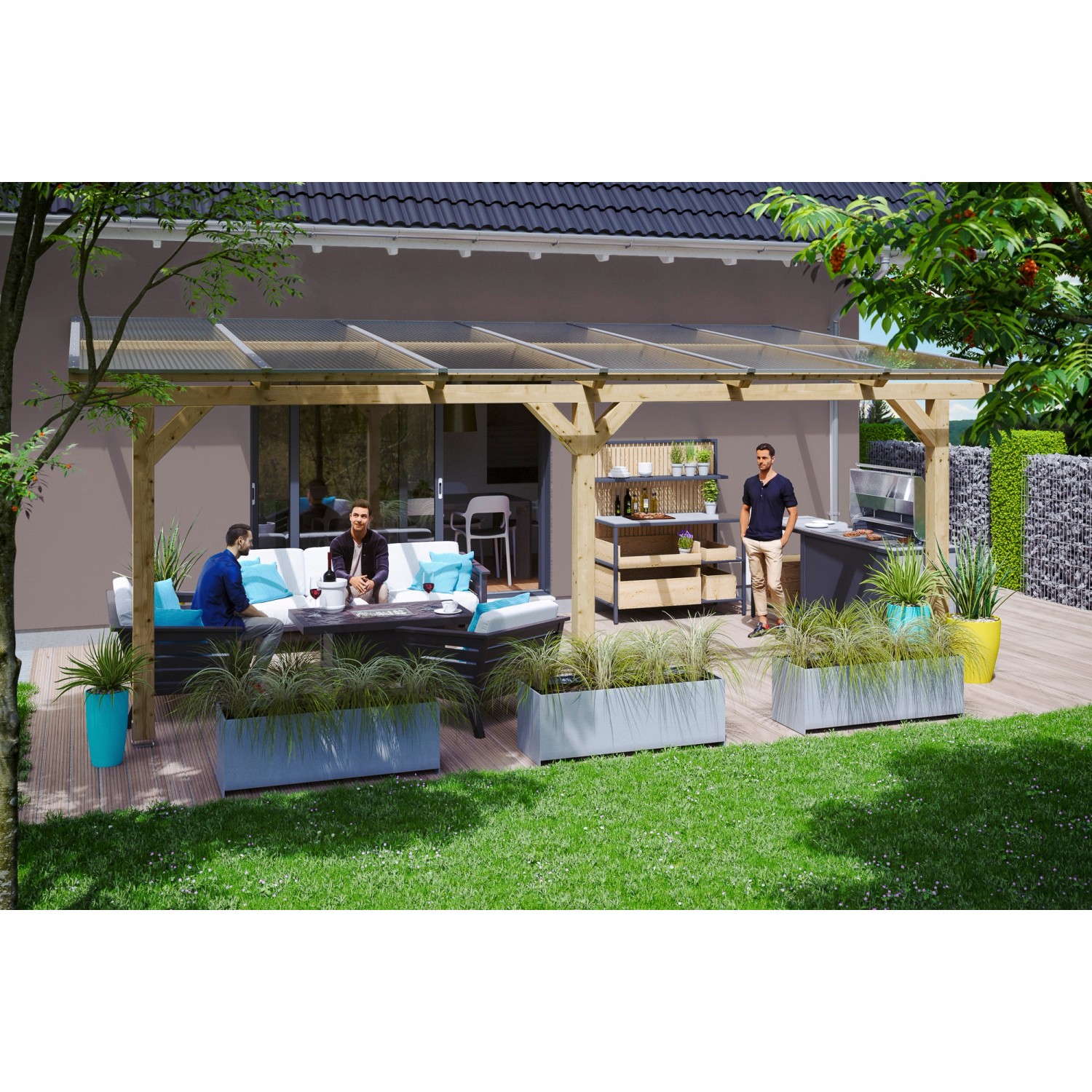 Skan Holz Terrassenüberdachung Bormio aus Leimholz mit klarer Polycarbonat-Dacheindeckung. Unbehandeltes Holz.