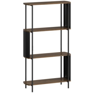 HOMCOM Standregal mit 4 braunen Holzoptik-Ablagen und schwarzem, gebogenem Metallrahmen, 80x30x141 cm.