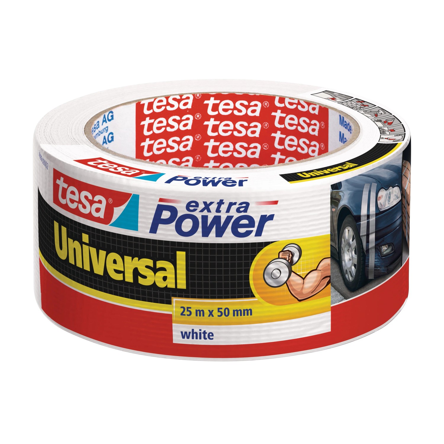 Tesa Extra Power Universal, weißes Gewebeband, 25 m x 50 mm, vielseitig einsetzbar.
