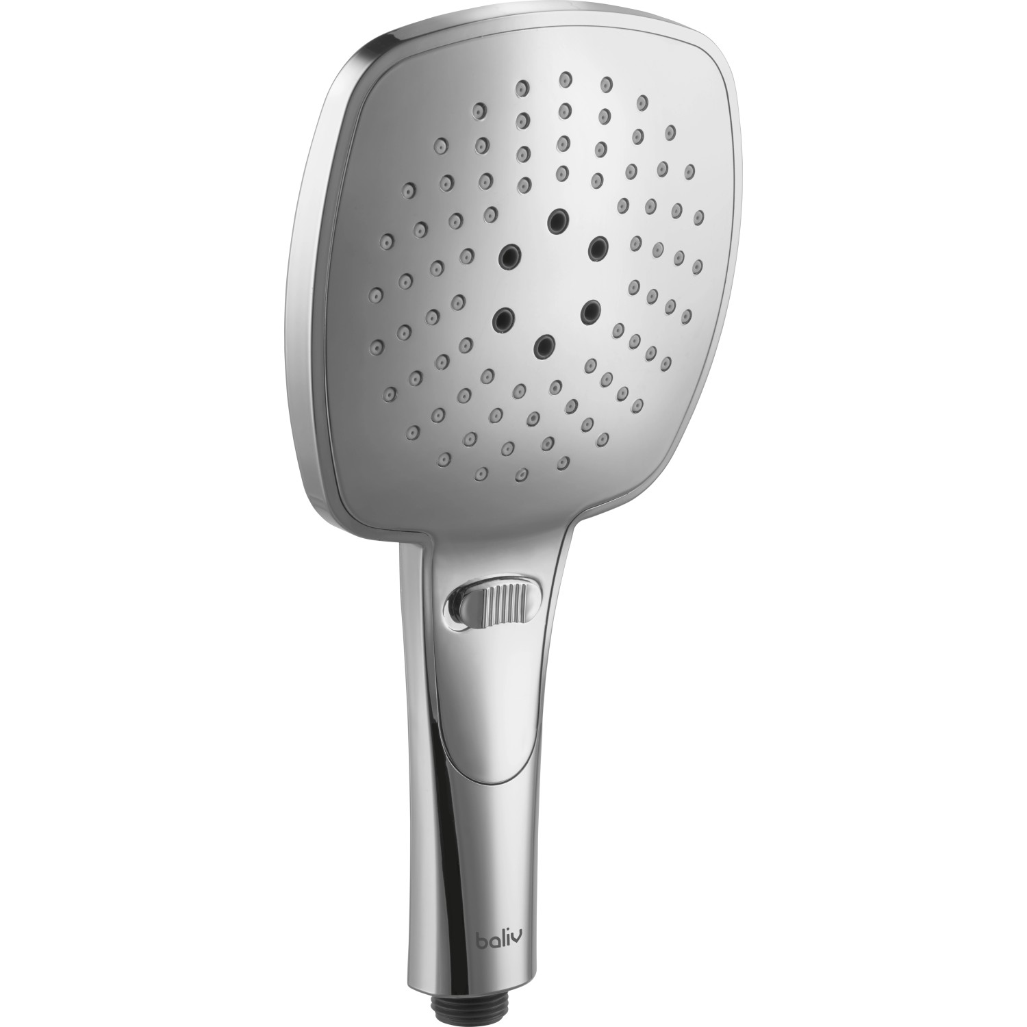 Verchromte baliv Handbrause HBR-150.90 mit eckigem Kopf und drei Strahlarten.